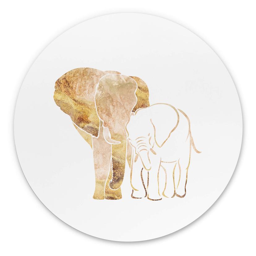 Tableau sur alu-Dibond rond Manovski - Line Art - Éléphants dorés