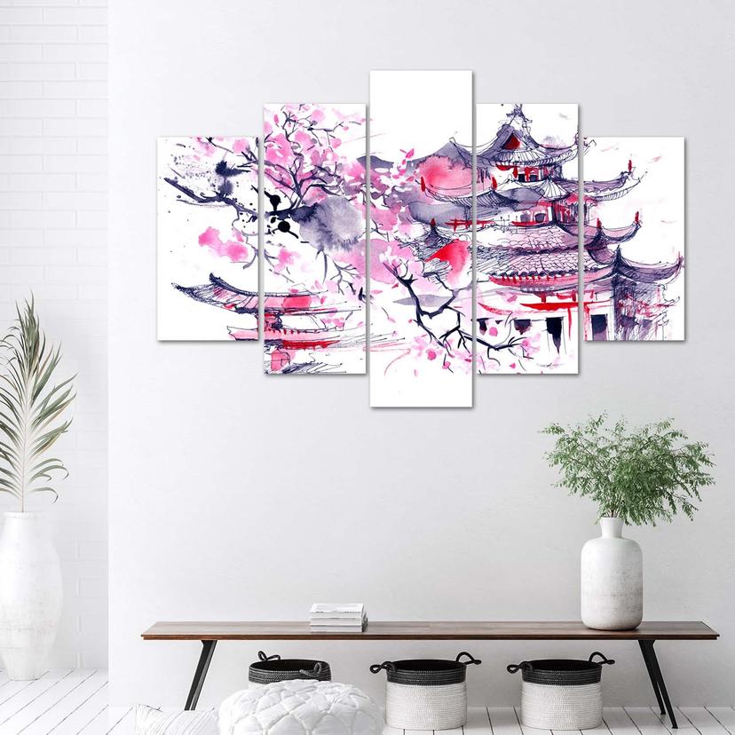 Stampa su tela 5 pezzi, paesaggio rosa giapponese