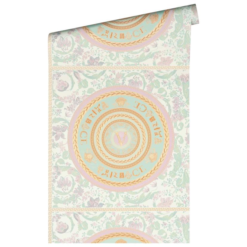 Versace tapet blomstermotiver i pastel og guld non-woven tapet lettering design