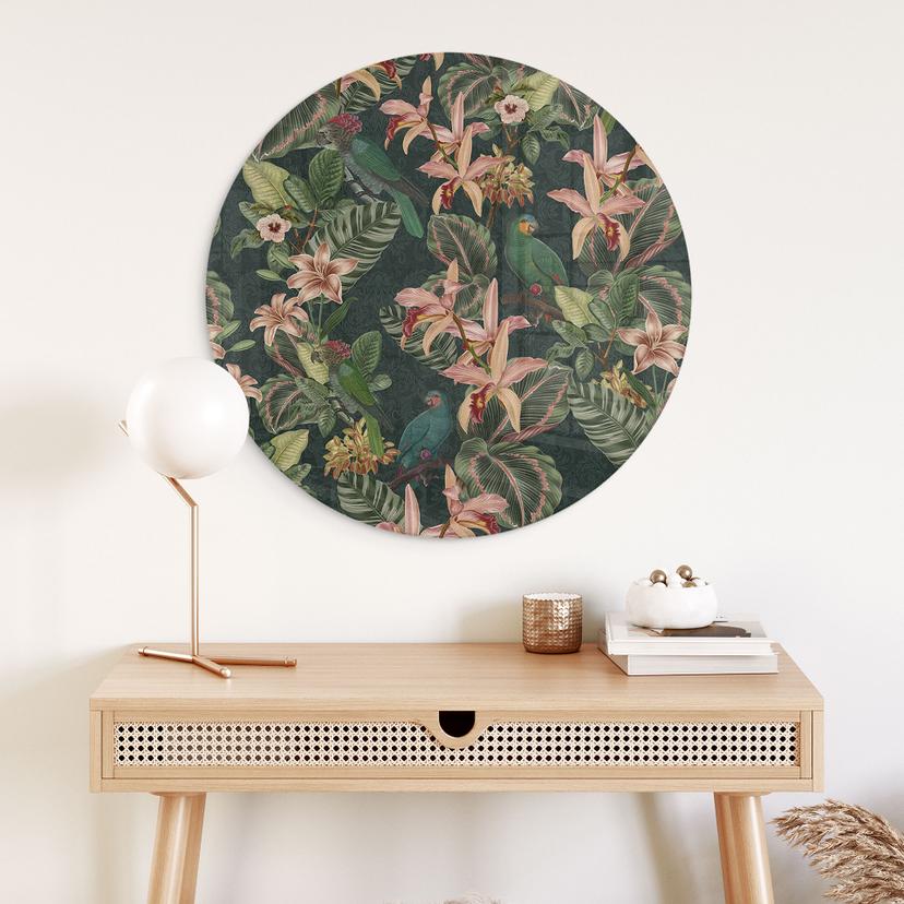 Stampa su vetro Jungle con pappagalli verde notte - Decorazione floreale - Rotonda