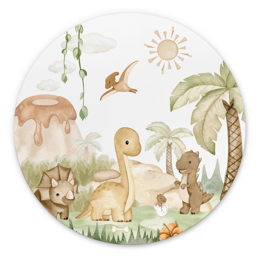 Wandbild Kleine Dinos auf großer Entdeckungsreise - Oliver Robins - Alu-Dibond Rund