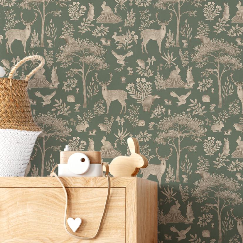 Carta da parati con motivo foresta incantata con animali - verde vintage - Kikki Belle