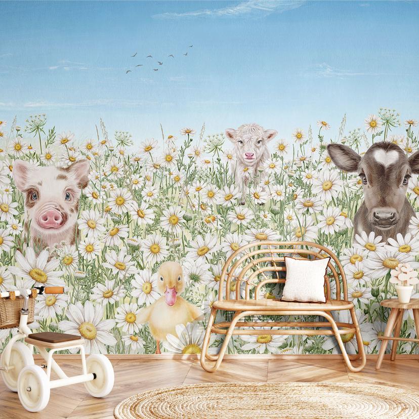 Papier peint photo Animaux de la ferme dans un pré fleuri - Kikki Belle
