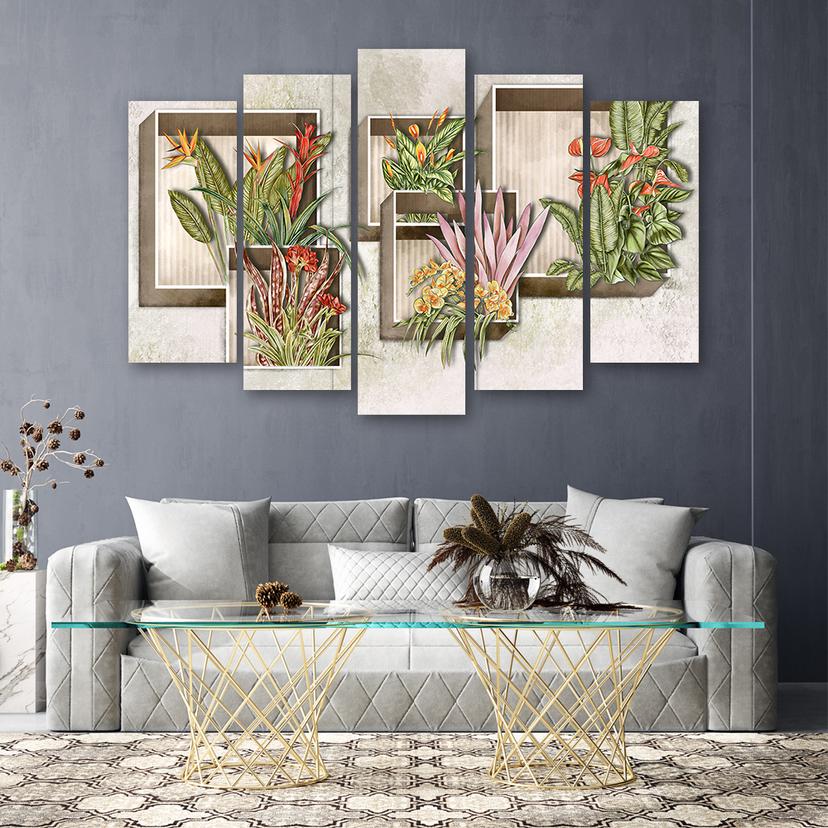 Stampa su tela 5 pezzi, scatole quadrate mensole con fiori