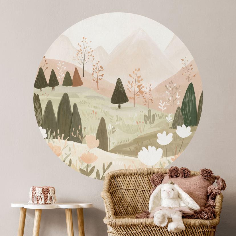 Wallsticker pastelfarvet bjerglandskab med blomster - Treechild - Rund