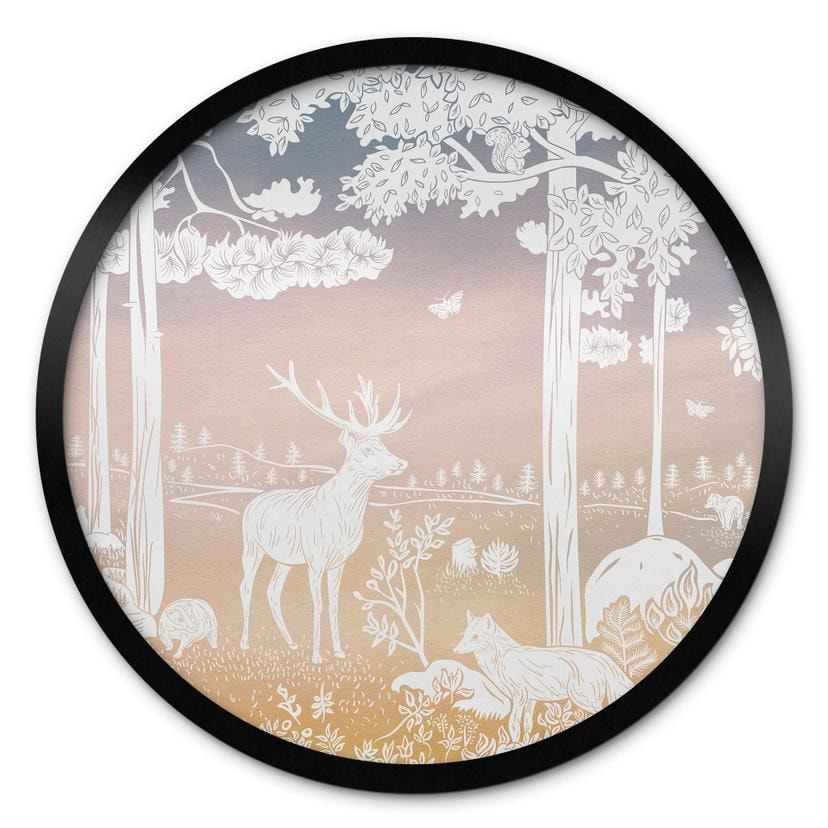 Plakat Fredfyldt skov med hjorte og ræve - Ombre - Kikki Belle - Rund