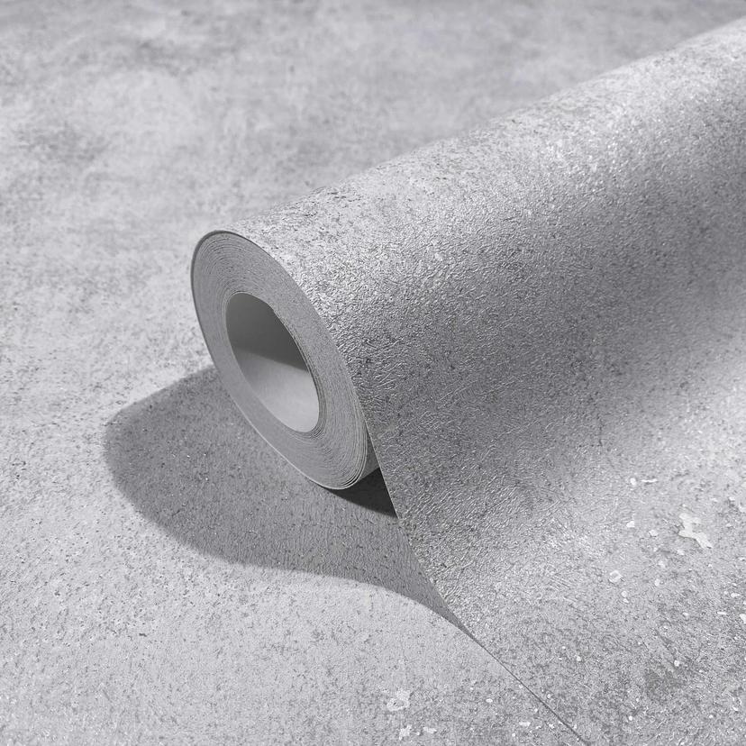 Papel pintado no tejido con aspecto de hormigón liso gris ligeramente brillante