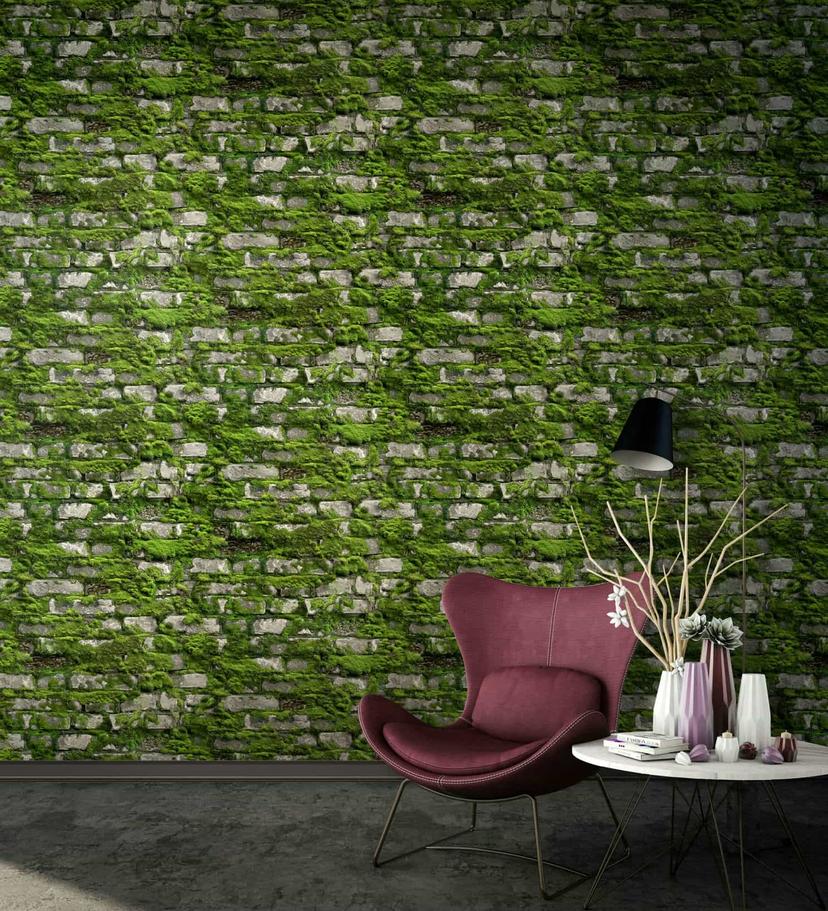Non-woven tapet i realistisk stenlook med mosgrøn, grå steneffekt