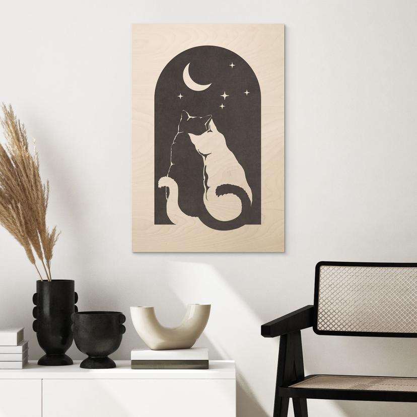 Stampa su legno di due gatti al chiaro di luna - Tunaboylu