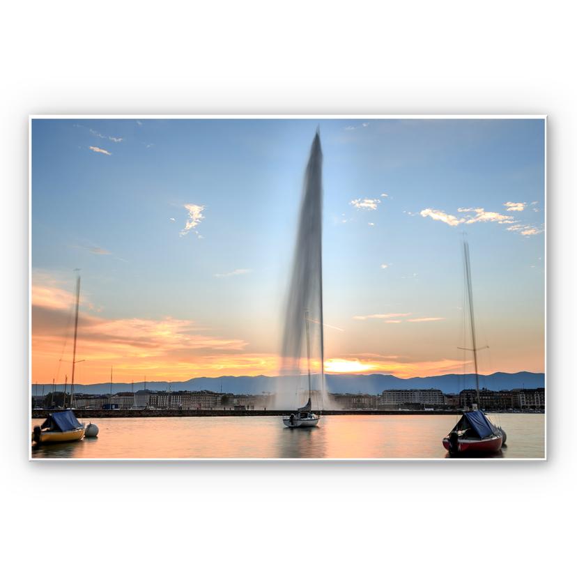 Wandbild Wasserfontäne im Genfer Sonnenuntergang