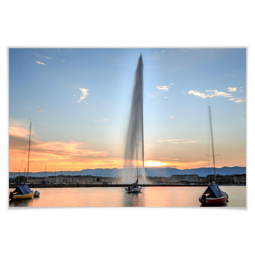 Poster Waterfontijn in Genève bij zonsondergang.