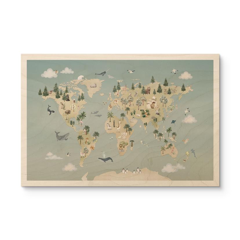 Drewniany obraz Mapa Świata - Świat Zwierząt - Oliver Robins