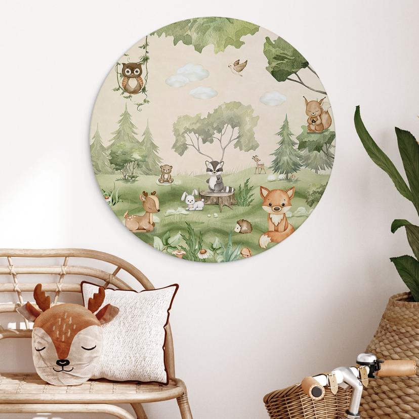 Stampe per pareti Animali dolci nel cuore della foresta - Oliver Robins - Alu-Dibond Round