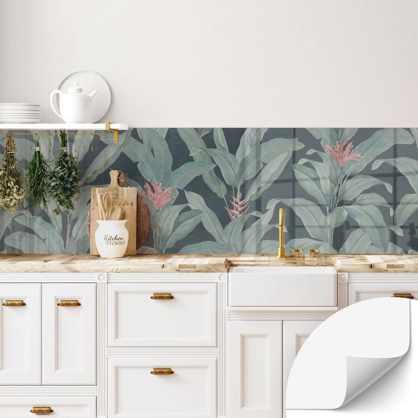 Selvklæbende stænkplade til køkken Urban Jungle tropiske blade grøn - Bloomery Decor