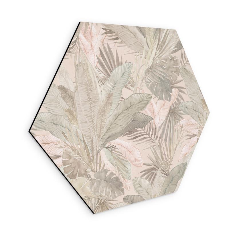 Sekskantet billede med tropiske blade i junglens pastel - Bloomery Decor - aluminium dibond