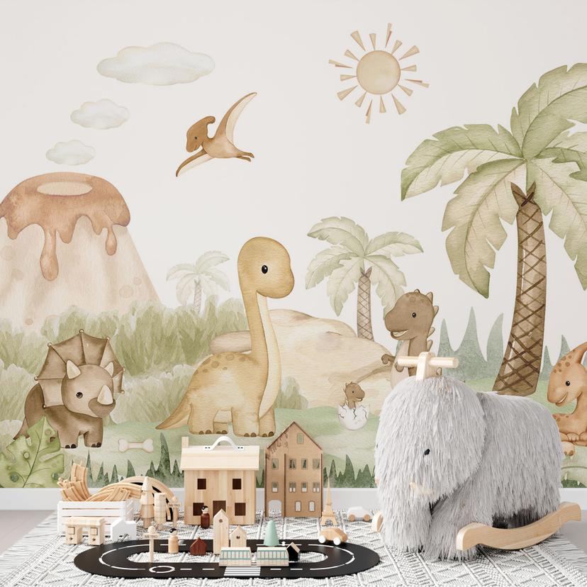 Fotomural de habitaciones infantiles Pequeños dinosaurios en un gran viaje de exploración - Oliver R