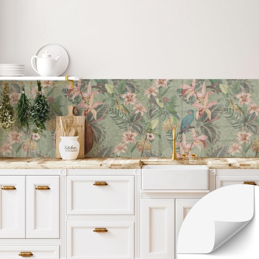 Självhäftande Stänkpanel djungel med papegojor grön - Bloomery Decor