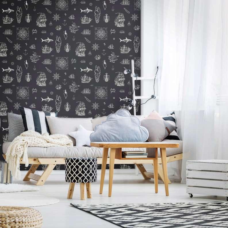 Børnetapet, non-woven tapet med illustration Kids Walls sort, hvid