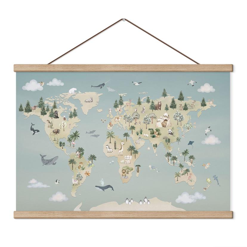 Kinderkamer Textielposter Wereldkaart - Wereld van de dieren - Oliver Robins