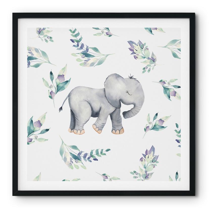 Póster Lindo bebé elefante entre ramas boho - Diseños ONU - Cuadrado