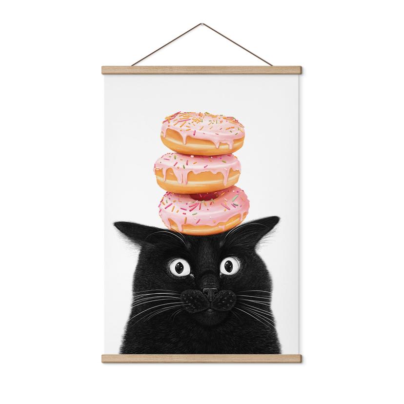 Stoffbild Schwarze Katze mit pinken Donuts - Korenkova