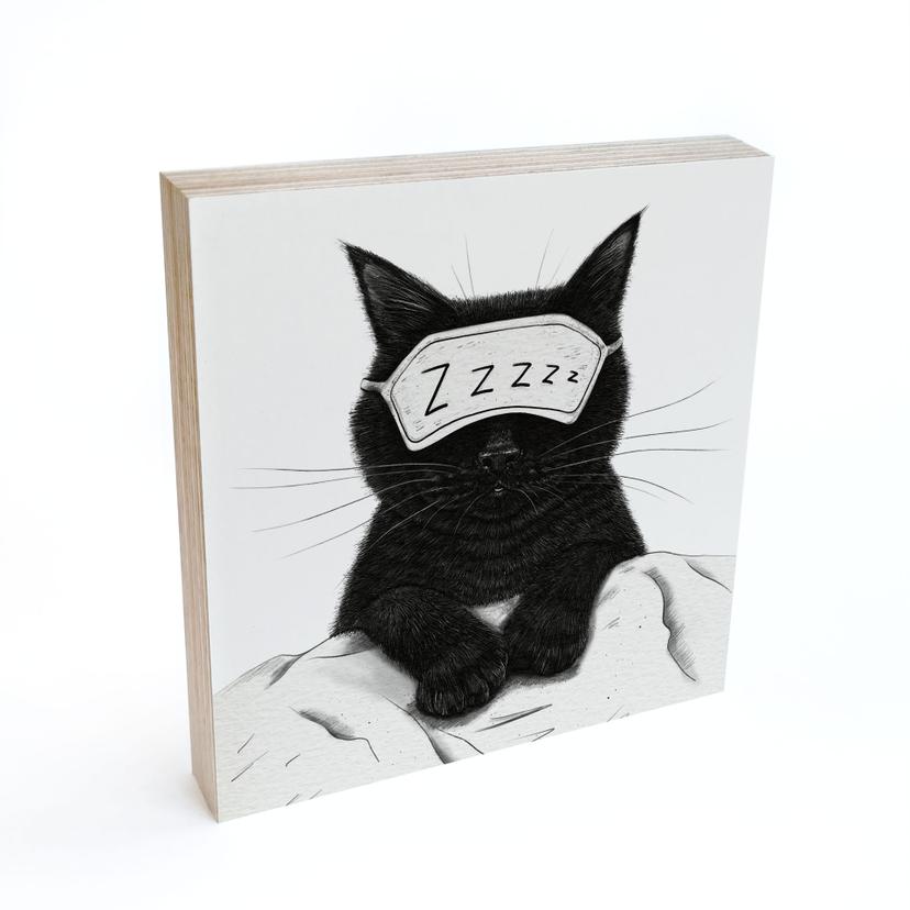 Holzbild zum Hinstellen - Schwarze Katze mit Schlafmaske - Korenkova - 15x15 cm