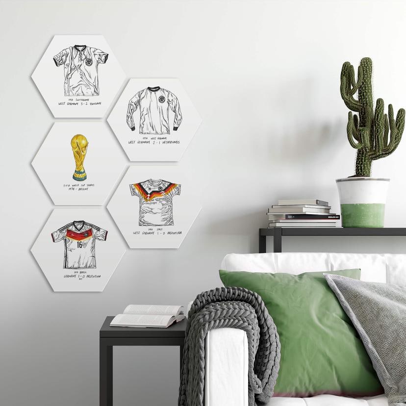 Hexagon - Alu-Dibond Sparshott - Fußballtrikots Deutschland 5er Set