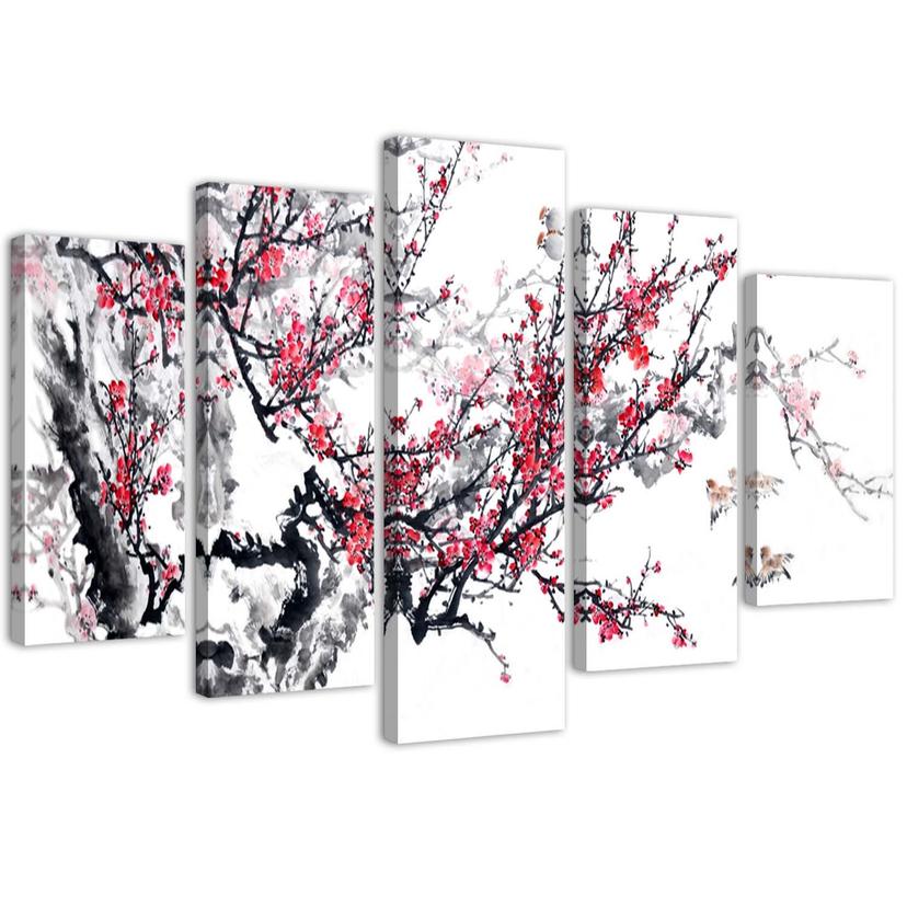 5 stykke lærredstryk, japansk kirsebærblomst