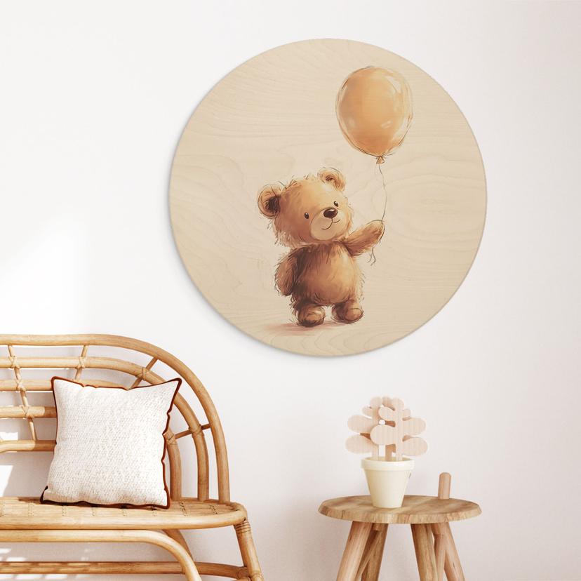 Holzbild für das Babyzimmer - Kleiner Teddybär mit Luftballon - Magnusson - Rund