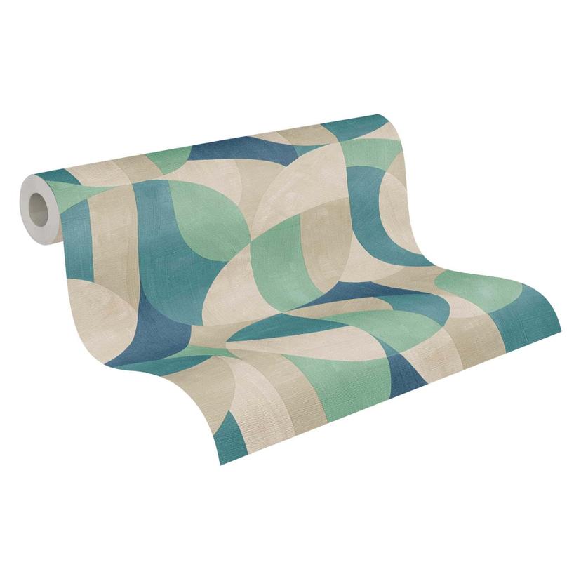 Papel pintado de muestra con motivos geométricos en azul, verde y beige - Papel pintado no tejido mo