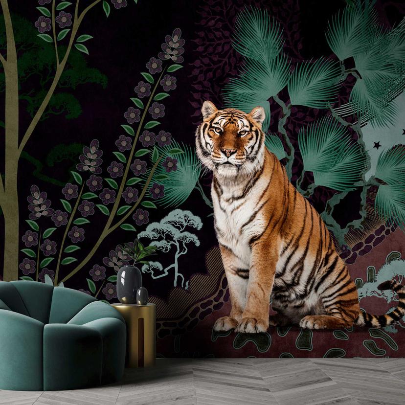 Eksotisk jungle tapetmaleri - majestætisk tiger i skov