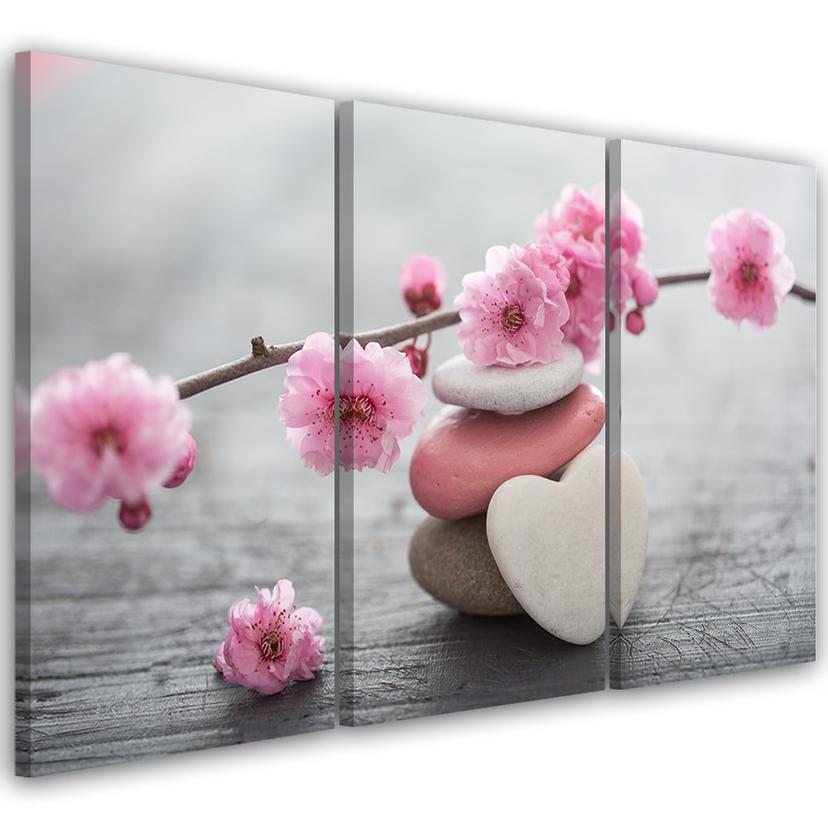 3-delt lærredsprint Zen Cherry Blossom Heart Stone