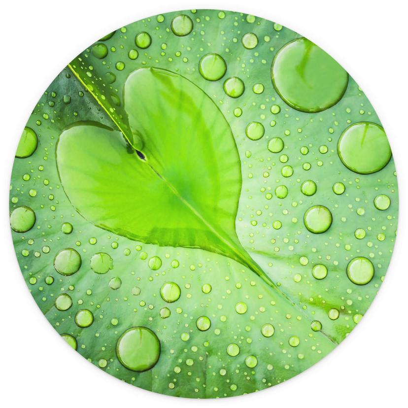 Fotomurale tondo Foto - Cuore di gocce d'acqua su una foglia verde - carta da parati in tessuto non