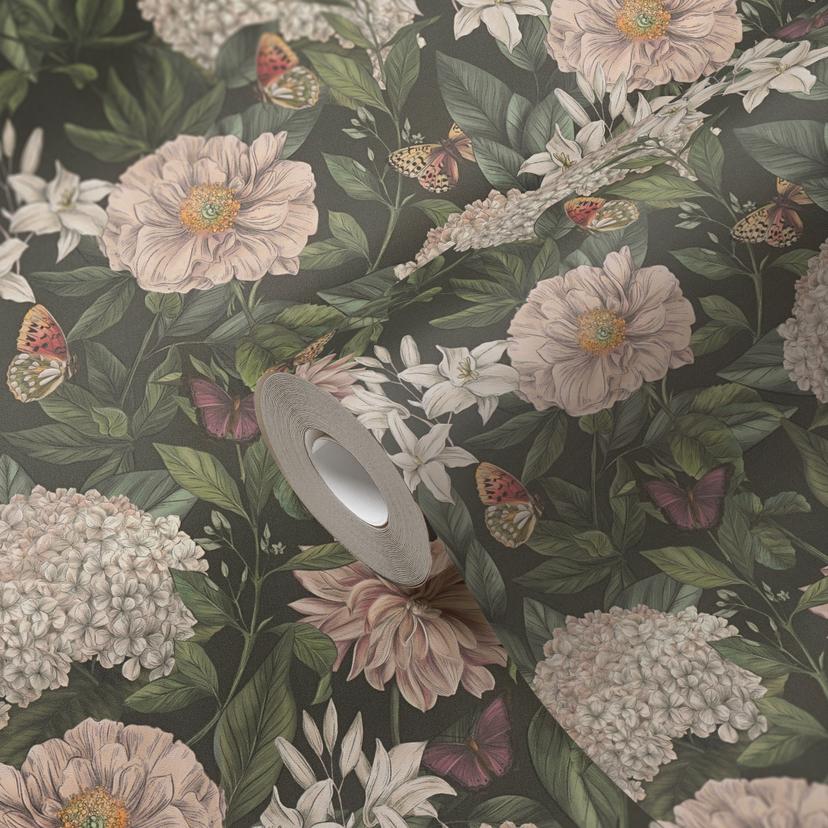 Papel pintado Floral con mariposas verde blanco - Papel pintado no tejido con flores claras