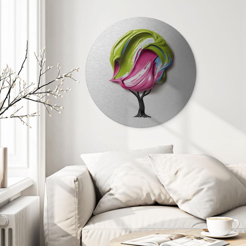 Stampe per pareti con albero effetto argento e corona colorata in 3D - Mielu - Alu-Dibond Round