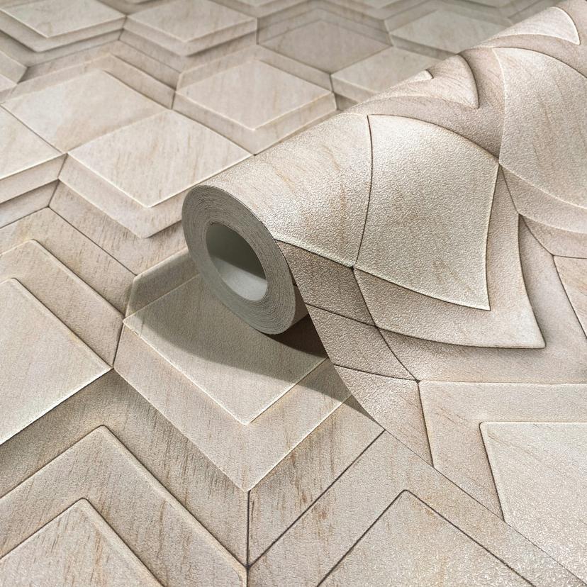Vliesbehang in beige, grijs ruitvormige illusie 3D-look modern