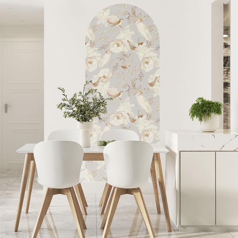 Adesivo murale pannello muro arco rotondo uccelli tra fiori bianchi - UN Design - stretto