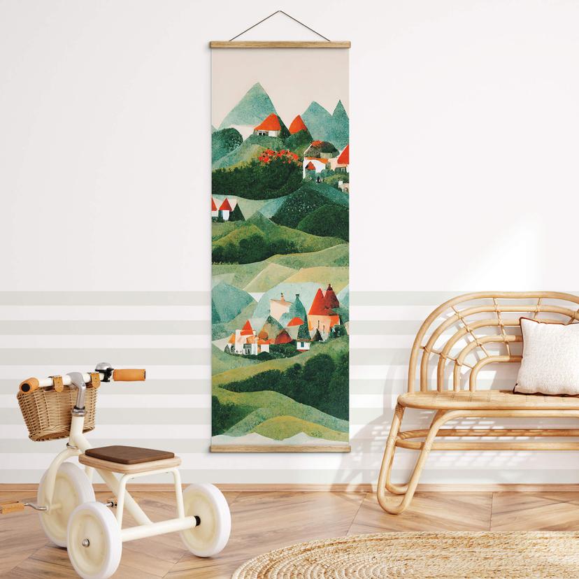 Textielposter Treechild - Small village in the middle of green hills