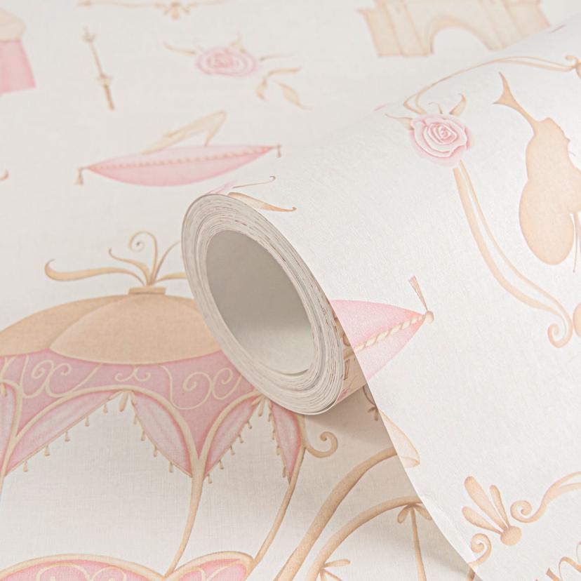 Papel pintado Princesa rosa beige - papel pintado infantil con castillo y carruaje