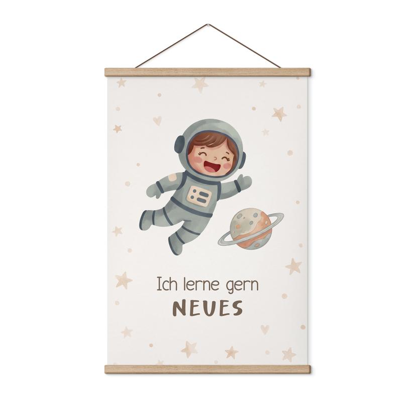 Stoffbild mit Astronautin - Glaubenssatz 'Ich lerne gern Neues' für Kinder