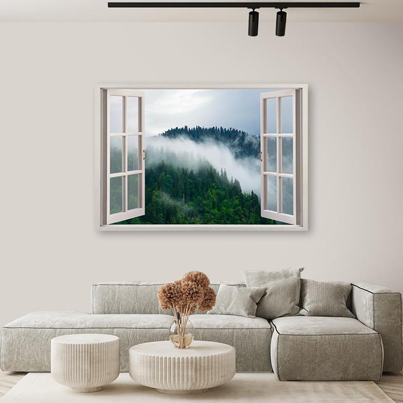 Stampe su tela, Finestra vista bosco nella nebbia