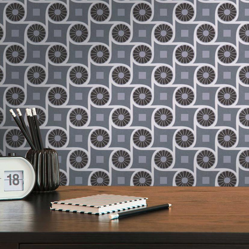 Papier peint graphique avec motif circulaire Noir Blanc - papier peint intissé style rétro