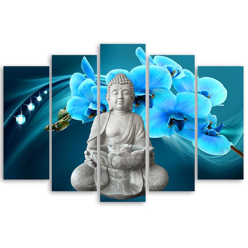 Stampa su tela 5 pezzi, Buddha Zen Orchid Turchese