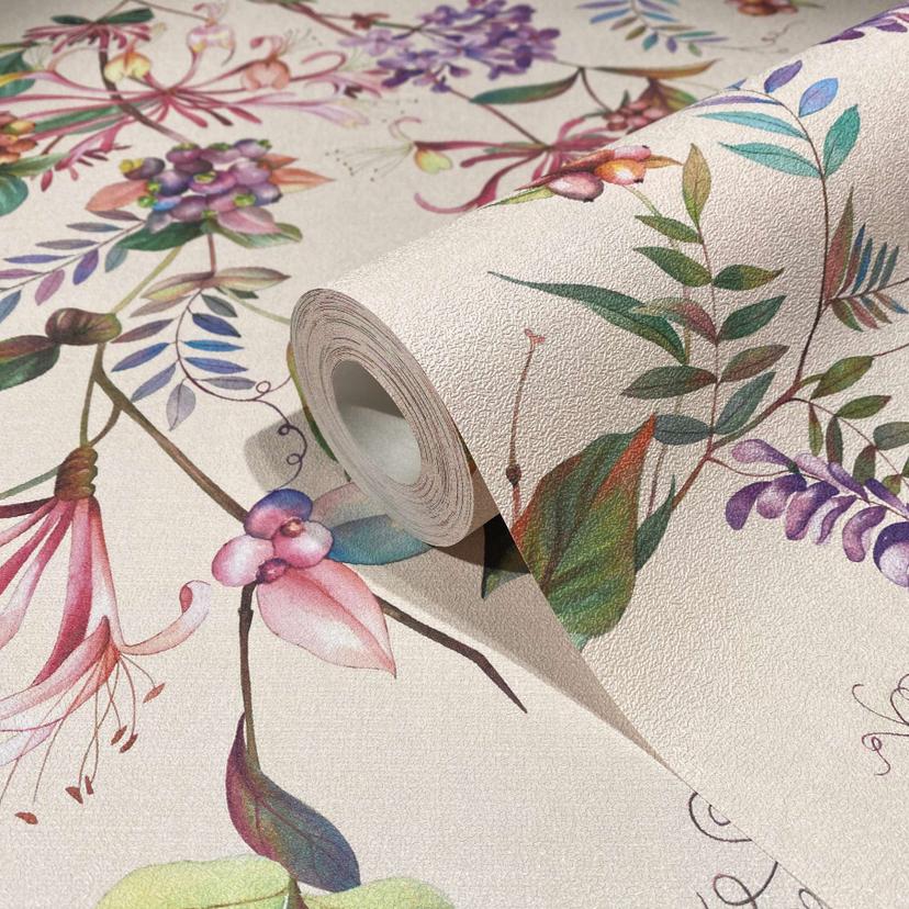 Tapet, ikke-vævet blomstertapet Flora beige, pink