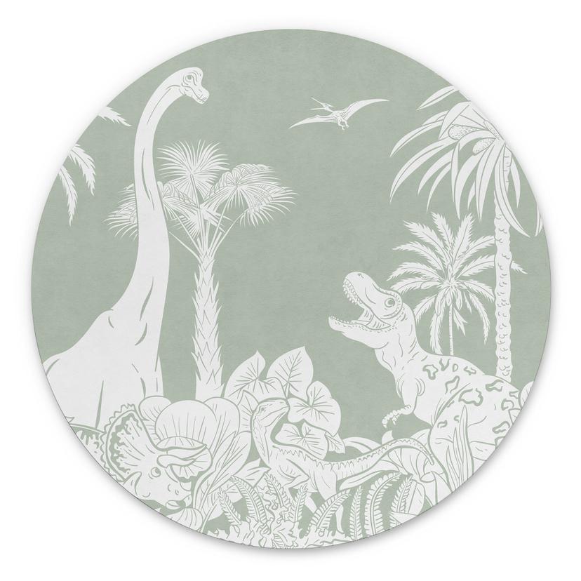 Rundt billede Grønne urtidsverdener - Dinosaurer under palmer - Kikki Belle – print på aluminium