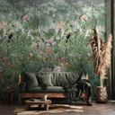 Fototapet med motiv af jungledyr og blomster med tukan akvarel 2,7 x 1,59 m