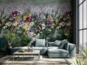 Fototapet Frodig blomstereng i lilla og creme med vintagepatina 3,4 x 3,18 m