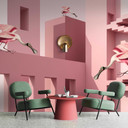 Papier peint photo oiseaux surréalistes dans les tons roses - papier peint intissé avec éléments arc