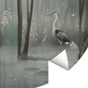 Nevelig bos bij het meer met reiger in het groen - Ms Tiff - Rond - Zelfklevend/niet-geweven