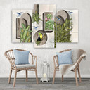 Lærred print 3 stykker, former i væggen med planter og fugle Toucan Koliber